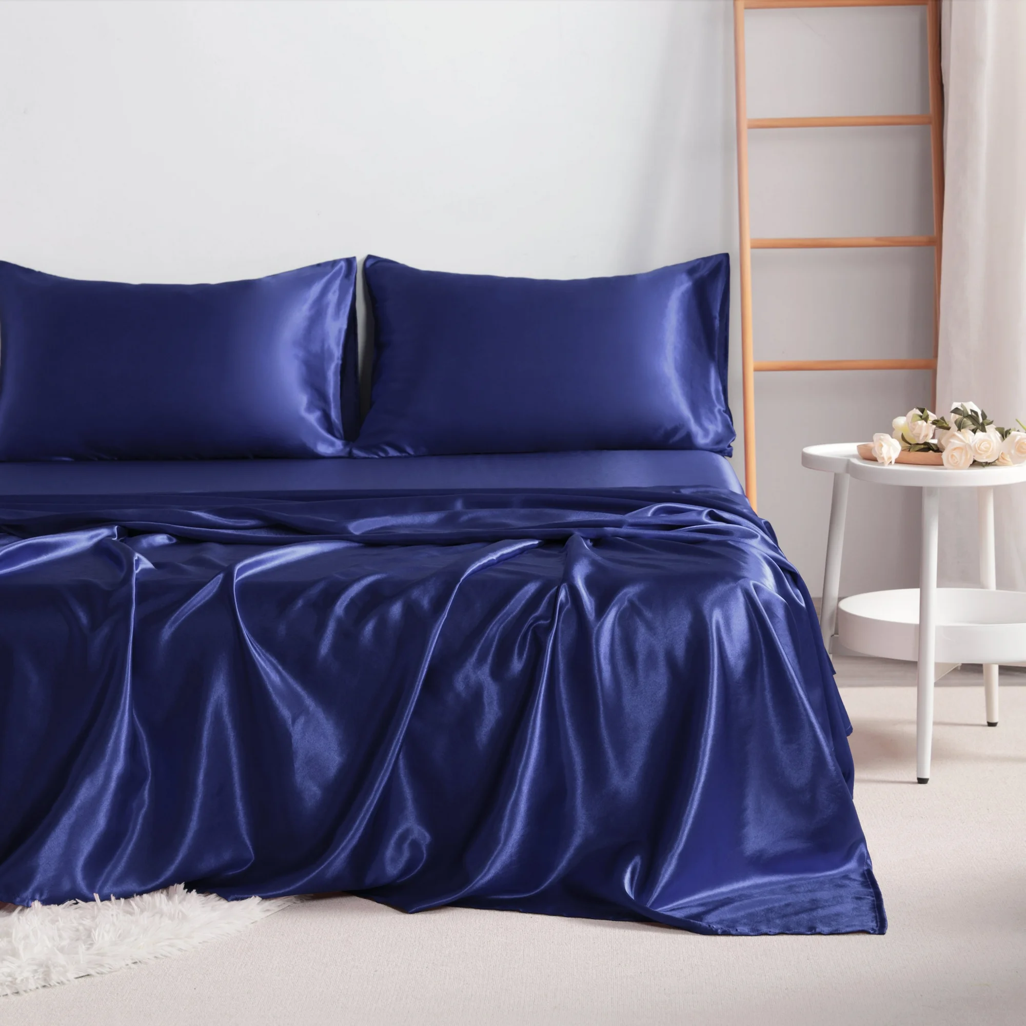 Lorviah Satin Twin Sheet Set, Navy Blue 3-Piece